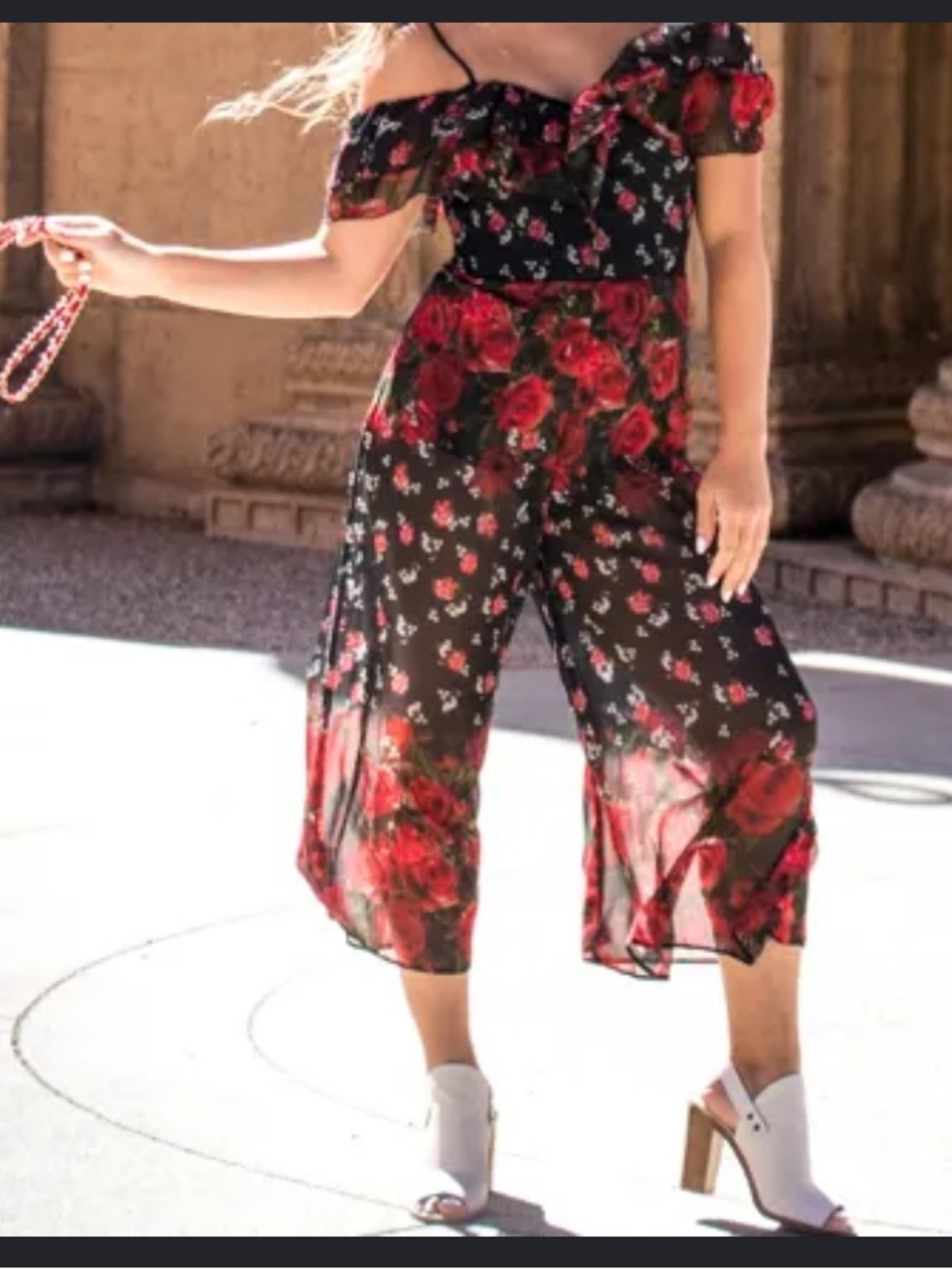 River Island Black Jumpsuit with Red Floral Print NWT